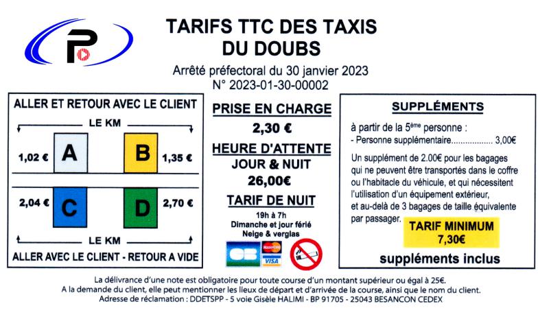 TARIFS TAXIS DOUBS 2023